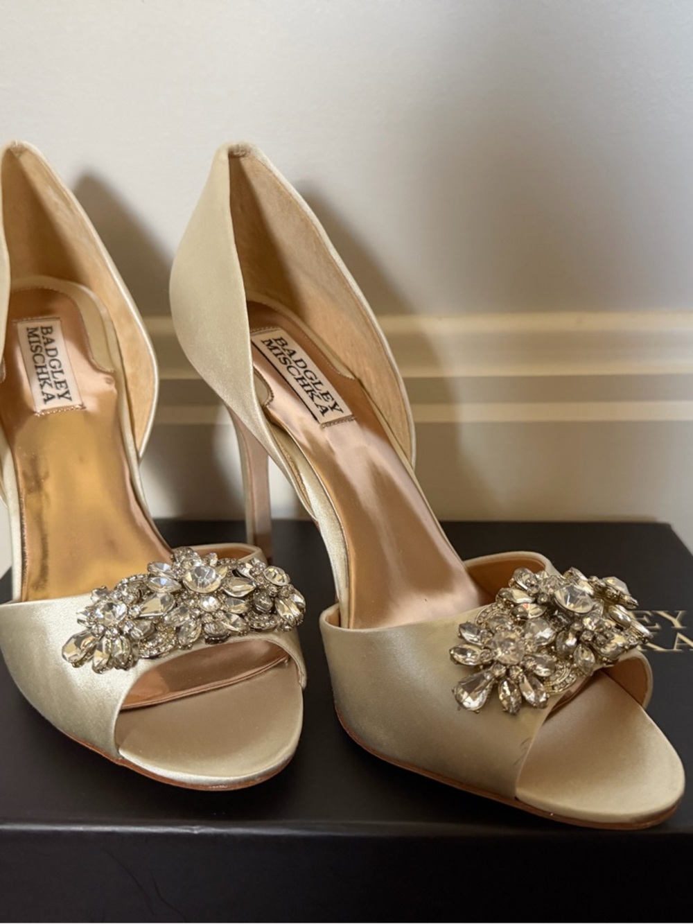 Badgley Mischka Cream Satin Jeweled Peep-Toe Heels